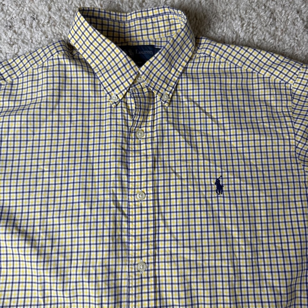 Polo Ralph Lauren Short Sleeve Oxford Button Front Shirt Yellow Blue Men's Large